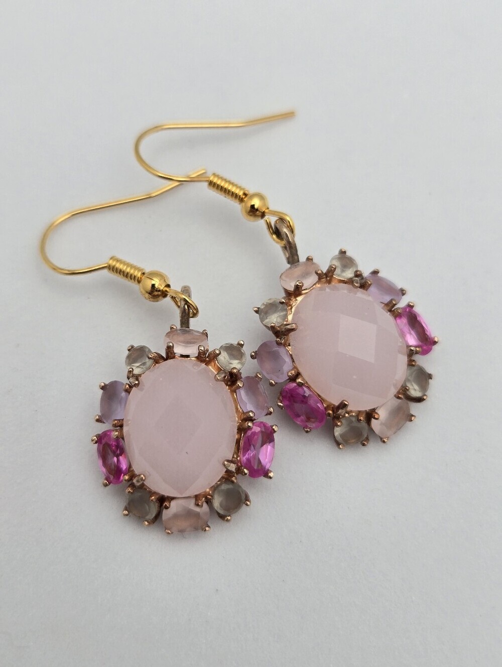 Vintage Style Pink Cabochon Halo Dangle Earrings Gold Tone Crystal 1.5"